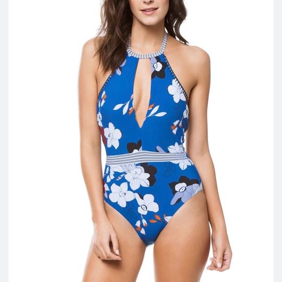 NWT Red Carter Blue Floral 'Vision' Halter Plunge One Piece Swimsuit - Picture 1 of 8
